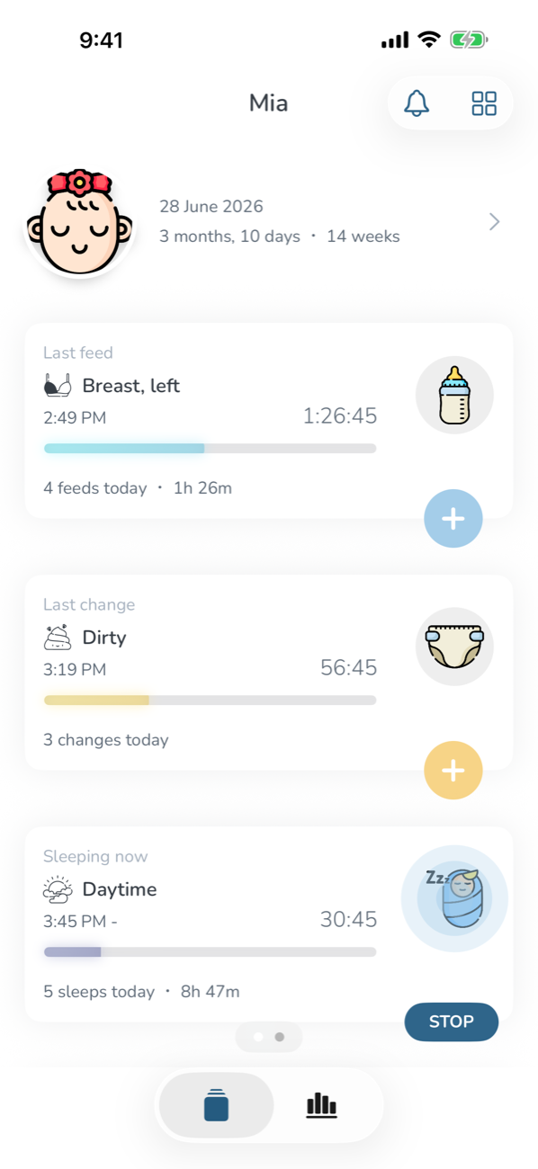 Baby Feed on iPhone: the last feed, change and sleep